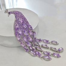 Load image into Gallery viewer, Splendid Large Amethyst Rhinestone Peacock Brooch with Long Tail Statement Animal Bird Jewelry
