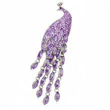 Load image into Gallery viewer, Splendid Large Amethyst Rhinestone Peacock Brooch with Long Tail Statement Animal Bird Jewelry
