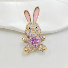 Load image into Gallery viewer, Adorable Pink Enamel CZ Bunny Rabbit Brooch Pin with Love Heart Belly
