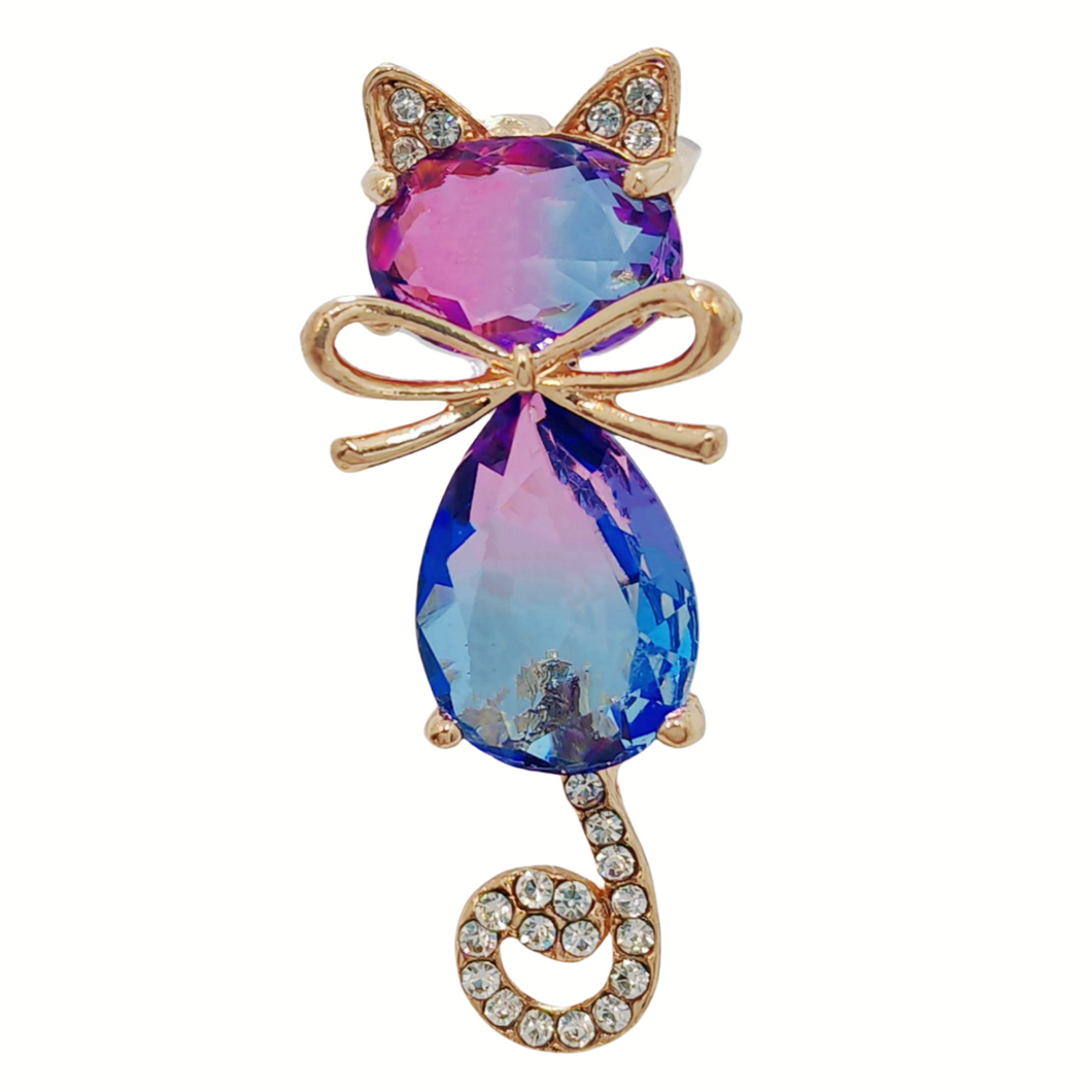 Cute Blue Crystal Kitty Cat Pin Brooch with Bowtie