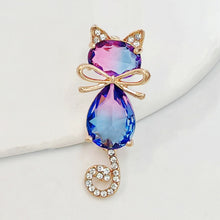 Load image into Gallery viewer, Cute Blue Crystal Kitty Cat Pin Brooch with Bowtie
