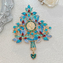 Load image into Gallery viewer, Fantastic Angel Child Illusion Blue Holly Christmas Tree Brooch Pin with Heart Dangle Dressy Up Accessorize Any Outfit Purse
