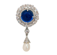 Load image into Gallery viewer, Delicate Blue Round Cabochon CZ &amp; Pearl Drop Brooch, Luxury Queen Jewelry
