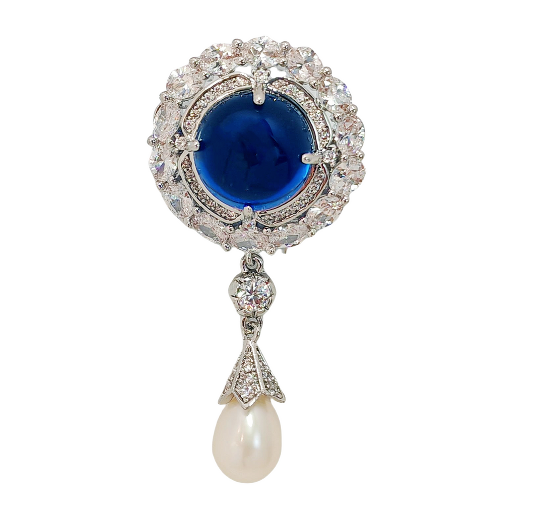 Delicate Blue Round Cabochon CZ & Pearl Drop Brooch, Luxury Queen Jewelry