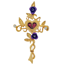 Load image into Gallery viewer, Vintage Mystical Rose Vine Cross Brooch with Heart Center, Purple Roses
