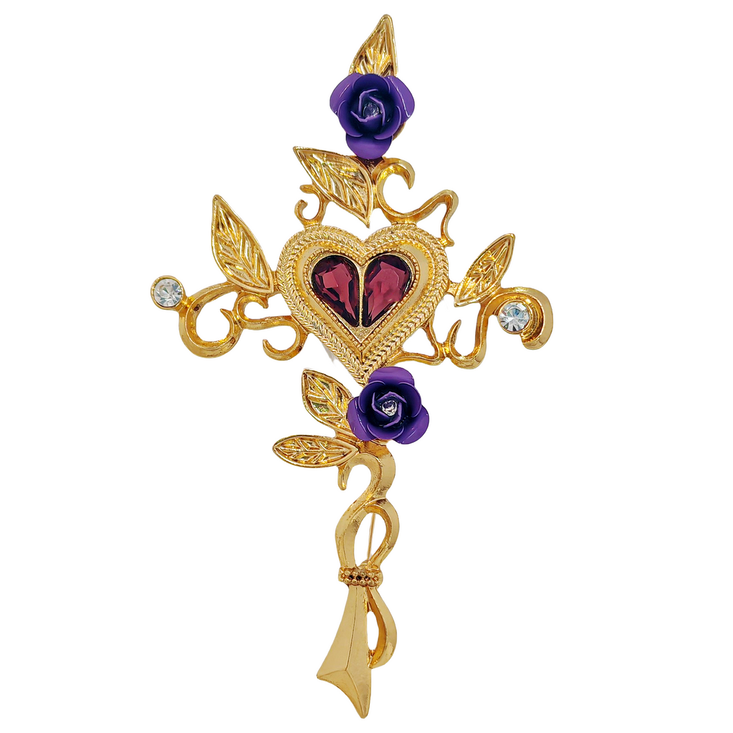 Vintage Mystical Rose Vine Cross Brooch with Heart Center, Purple Roses