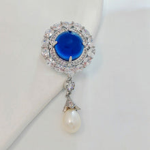 Load image into Gallery viewer, Delicate Blue Round Cabochon CZ &amp; Pearl Drop Brooch, Luxury Queen Jewelry
