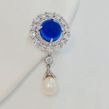 Load image into Gallery viewer, Delicate Blue Round Cabochon CZ &amp; Pearl Drop Brooch, Luxury Queen Jewelry
