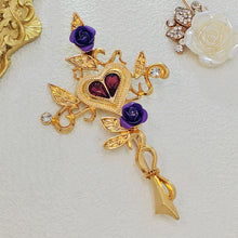 Load image into Gallery viewer, Vintage Mystical Rose Vine Cross Brooch with Heart Center, Purple Roses
