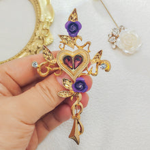 Load image into Gallery viewer, Vintage Mystical Rose Vine Cross Brooch with Heart Center, Purple Roses
