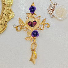 Load image into Gallery viewer, Vintage Mystical Rose Vine Cross Brooch with Heart Center, Purple Roses
