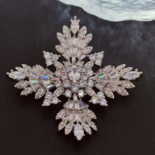 Load image into Gallery viewer, Splash Silver Tone CZ Cruciform Snowflake Brooch, Winter Festival Jewelry
