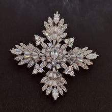 Load image into Gallery viewer, Splash Silver Tone CZ Cruciform Snowflake Brooch, Winter Festival Jewelry
