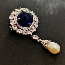 Load image into Gallery viewer, Delicate Blue Round Cabochon CZ &amp; Pearl Drop Brooch, Luxury Queen Jewelry
