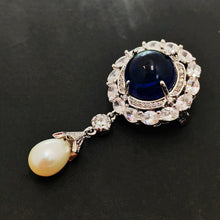 Load image into Gallery viewer, Delicate Blue Round Cabochon CZ &amp; Pearl Drop Brooch, Luxury Queen Jewelry
