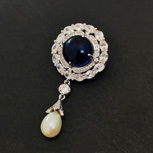 Load image into Gallery viewer, Delicate Blue Round Cabochon CZ &amp; Pearl Drop Brooch, Luxury Queen Jewelry
