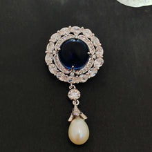 Load image into Gallery viewer, Delicate Blue Round Cabochon CZ &amp; Pearl Drop Brooch, Luxury Queen Jewelry
