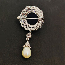 Load image into Gallery viewer, Delicate Blue Round Cabochon CZ &amp; Pearl Drop Brooch, Luxury Queen Jewelry
