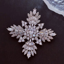 Load image into Gallery viewer, Splash Silver Tone CZ Cruciform Snowflake Brooch, Winter Festival Jewelry
