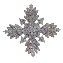 Load image into Gallery viewer, Splash Silver Tone CZ Cruciform Snowflake Brooch, Winter Festival Jewelry
