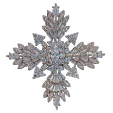 Load image into Gallery viewer, Splash Silver Tone CZ Cruciform Snowflake Brooch, Winter Festival Jewelry
