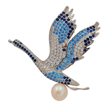 Load image into Gallery viewer, Elegant Goose Brooch with Golden Faux Pearl – Deep Blue Feathers and Light Blue Wings – Paving Setting Brooch – Animal-Inspired Vintage Jewelry for Women
