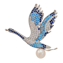 Load image into Gallery viewer, Elegant Goose Brooch with Golden Faux Pearl – Deep Blue Feathers and Light Blue Wings – Paving Setting Brooch – Animal-Inspired Vintage Jewelry for Women
