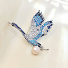 Load image into Gallery viewer, Elegant Goose Brooch with Golden Faux Pearl – Deep Blue Feathers and Light Blue Wings – Paving Setting Brooch – Animal-Inspired Vintage Jewelry for Women
