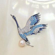 Load image into Gallery viewer, Elegant Goose Brooch with Golden Faux Pearl – Deep Blue Feathers and Light Blue Wings – Paving Setting Brooch – Animal-Inspired Vintage Jewelry for Women
