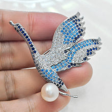 Load image into Gallery viewer, Elegant Goose Brooch with Golden Faux Pearl – Deep Blue Feathers and Light Blue Wings – Paving Setting Brooch – Animal-Inspired Vintage Jewelry for Women
