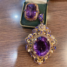 Load image into Gallery viewer, Italian Vintage Gold Filigree Purple Oval Pendant and Square Rings Set
