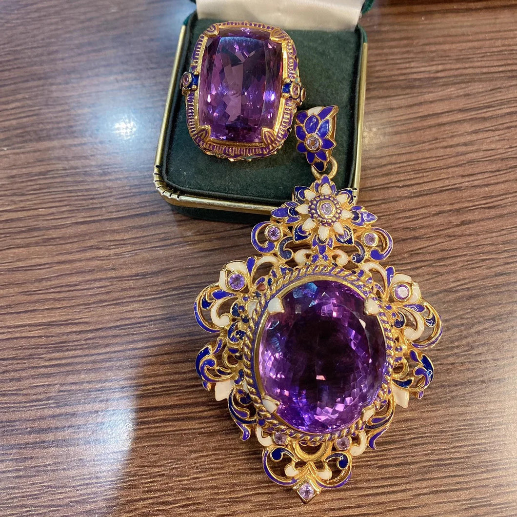 Italian Vintage Gold Filigree Purple Oval Pendant and Square Rings Set