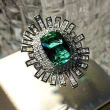 Load image into Gallery viewer, Middle Century Inspiration Baguette Cut CZ Accent Emerald Sunburst Cluster Ring
