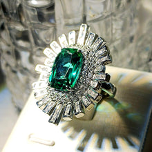 Load image into Gallery viewer, Middle Century Inspiration Baguette Cut CZ Accent Emerald Sunburst Cluster Ring
