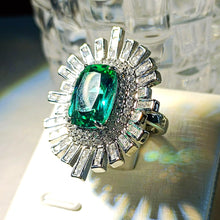 Load image into Gallery viewer, Middle Century Inspiration Baguette Cut CZ Accent Emerald Sunburst Cluster Ring
