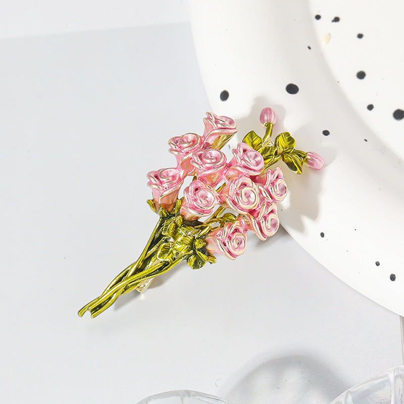 Elegant Pink Enamel Roses Bouquet Brooch Pin for Women Daily Accessory