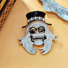 Load image into Gallery viewer, Gothic White Enamel Grim Grinning Ghost Brooch with Hat Scary Jewelry
