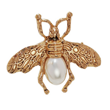 Load image into Gallery viewer, Antique Brass Gold and Pearl Bee Pin Brooch Elegant Insect Jewelry
