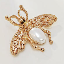 Load image into Gallery viewer, Antique Brass Gold and Pearl Bee Pin Brooch Elegant Insect Jewelry
