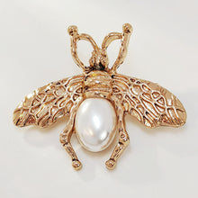 Load image into Gallery viewer, Antique Brass Gold and Pearl Bee Pin Brooch Elegant Insect Jewelry
