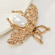 Load image into Gallery viewer, Antique Brass Gold and Pearl Bee Pin Brooch Elegant Insect Jewelry
