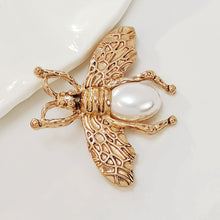 Load image into Gallery viewer, Antique Brass Gold and Pearl Bee Pin Brooch Elegant Insect Jewelry
