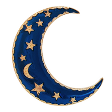 Load image into Gallery viewer, Excellent Sleeping Metal Stars and Cobalt Blue Enamel Crescent Moon Brooch Pin Night Jewelry
