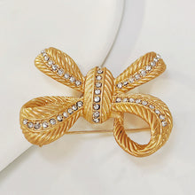 Load image into Gallery viewer, Stunning Gold Croissant Ribbon Bow Brooch Pin with Crystal Accent
