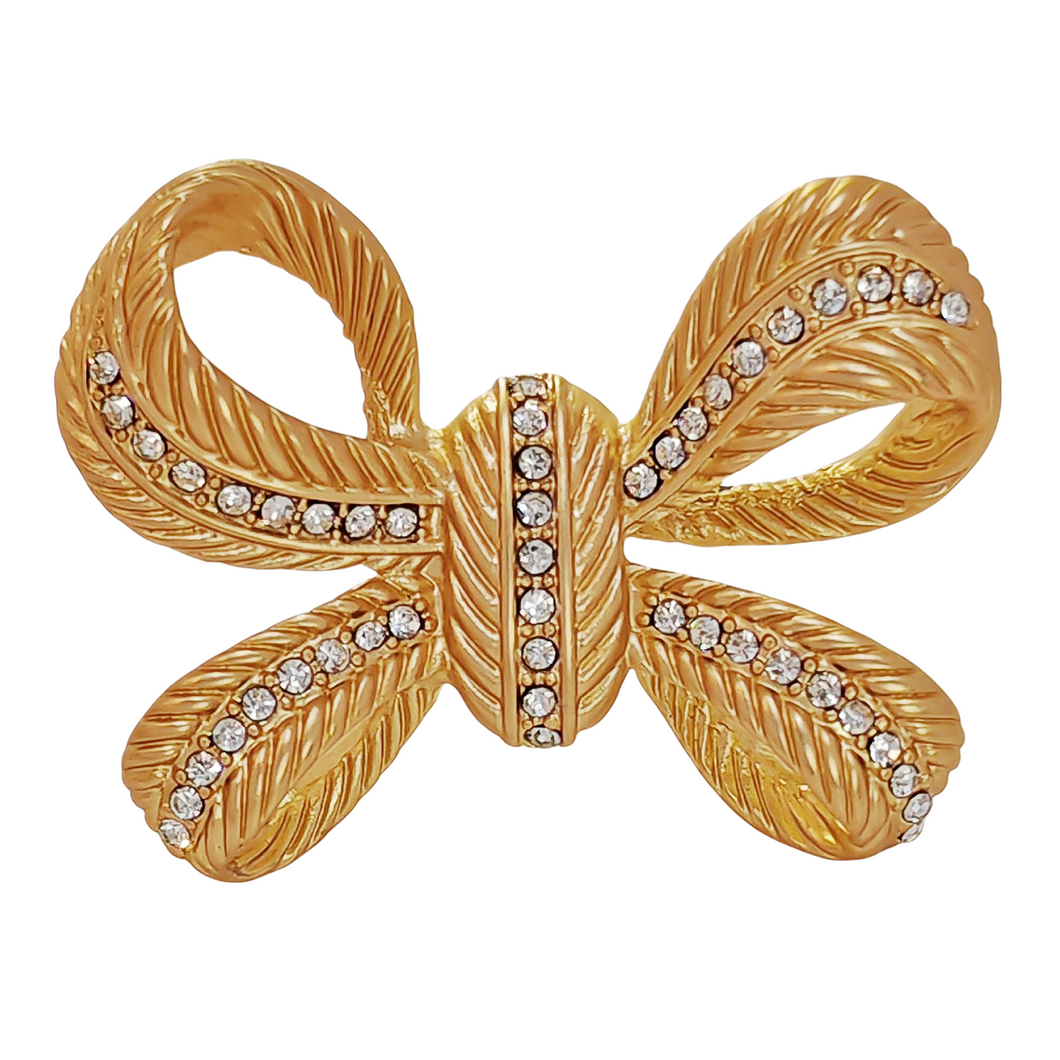 Stunning Gold Croissant Ribbon Bow Brooch Pin with Crystal Accent