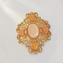 Load image into Gallery viewer, Delicate Gold Scroll and Pink Oval Brooch Art t Nouveau Jewelry
