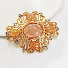 Load image into Gallery viewer, Delicate Gold Scroll and Pink Oval Brooch Art t Nouveau Jewelry
