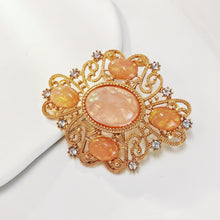 Load image into Gallery viewer, Delicate Gold Scroll and Pink Oval Brooch Art t Nouveau Jewelry
