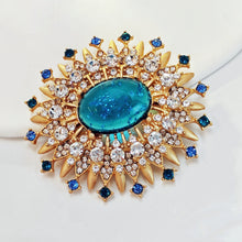 Load image into Gallery viewer, Gorgeous Gold Metal Burst Blue Oval Brooch Art Deco Jewelry
