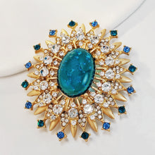 Load image into Gallery viewer, Gorgeous Gold Metal Burst Blue Oval Brooch Art Deco Jewelry
